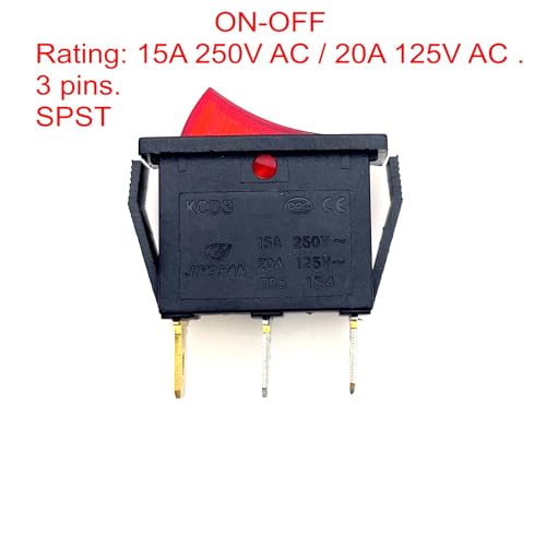 Zwei schwarze rechteckige EIN/AUS-Wippschalter mit roter LED-Anzeige für verschiedene elektrische Anwendungen, 15A bei 250V und 20A bei 125V.