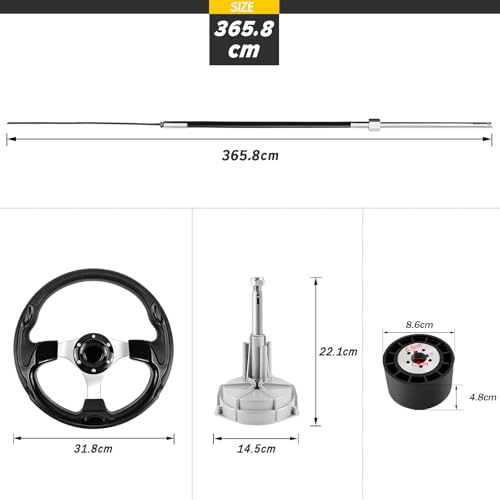 Acclcors Bootslenksystem mit 365,76 cm Kabel-Steuerkabel, Lenkrad und Schaltknauf für präzise Steuerung von Außenbordmotoren auf Yachten und Fischerbooten.