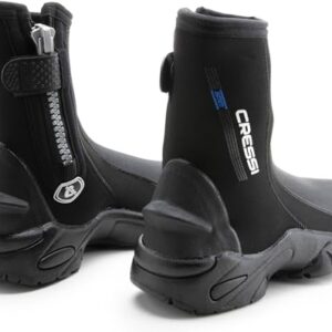 Schwarze Tauchstiefel aus 5mm Neopren mit starrer Sohle und seitlichem Reißverschluss für optimalen Komfort und Isolierung, ideal für Tauchen und Wassersport.
