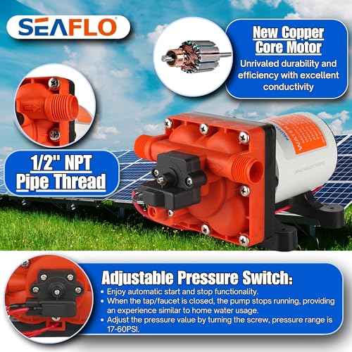 Seaflo Membranpumpe Serie 42, leistungsstarke Wasserpumpe mit Bypass-Technologie, 12V/24V, 11.3 LPM und 55 PSI für vielseitige Anwendungen wie Boots- und Wohnmobilwasserversorgung.