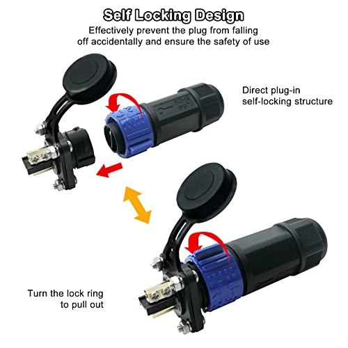 Technische Illustration eines selbstverriegelnden Steckverbinders für Trolling Motoren, zeigt Stecker und Verriegelungsmechanismus mit Sicherheitsmerkmalen.