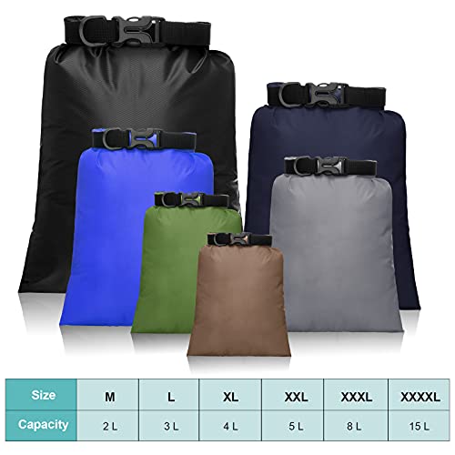 6-teiliges Set wasserdichter Trockentaschen mit verschiedenen Größen von 15L bis 2L in unterschiedlichen Farben, ideal für Outdoor-Aktivitäten wie Camping, Wandern und Wassersport.