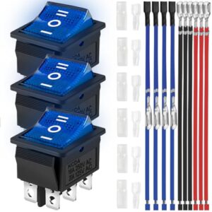 Set aus drei blauen Wippschaltern mit LED-Beleuchtung und sechs Pins in einem elektrischen Projekt, ideal für Boote, Autos und Haushaltsgeräte.
