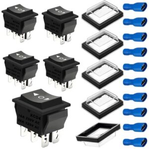 5 Stück unbeleuchtete KCD4 Wippschalter mit wasserdichter Abdeckung, DPDT, schwarz, geeignet für 12V und 24V DC sowie 250V AC. Ideal für Elektroanwendungen in Autos, Booten und Haushaltsgeräten.