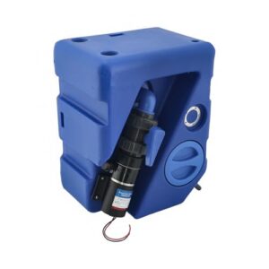 Vielseitiger 60 Liter Abwassertank mit 12 V Pumpe für Camping, Wohnmobil und Boot, UV-beständig und salzwasserfest.