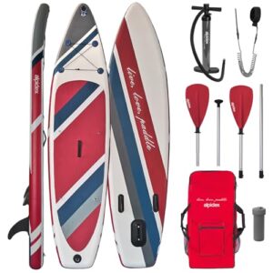ALPIDEX Stand Up Paddle Set in auffälliger Farbgestaltung, bestehend aus zwei aufblasbaren Paddle-Boards, Paddeln und Zubehör, ideal für Wassersportabenteuer.