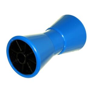 Blaue Anhänger Sliprolle Kielrolle mit den Maßen 200mm x 100mm, ideal für Bootstrailer und Transport von Booten.