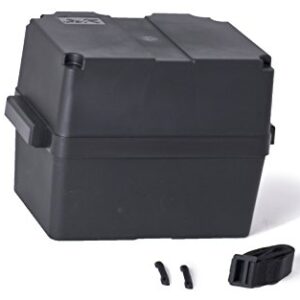 Robuste Batteriebox für Bootsbatterien bis 100 Ah mit Deckel, gefertigt aus bruchfestem Kunststoff für sichere Aufbewahrung und Transport.
