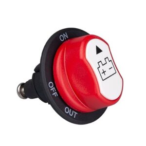 Wasserdichter Batterietrennschalter in roter Farbe mit ergonomischem Bedienfeld, geeignet für Anwendungen im Auto, Boot, Lkw und ATV.