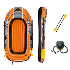 Bestway Kondor 2000 Set aufblasbares Kajak in Orange mit zwei Paddeln und Blasebalg für Wassersportaktivitäten.