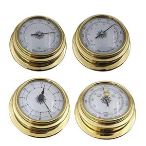 4 Stück Boot Barometer Uhr Thermometer Hygrometer Set aus Messing mit klassischem Ziffernblatt-Design und präzisen Messinstrumenten für Temperatur, Luftdruck und Feuchtigkeit.
