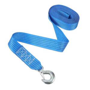 Blauer Bootsanhänger-Windengurt aus strapazierfähigem Material mit silbernem Haken, ideal für den sicheren Transport von Booten und Anhängern.