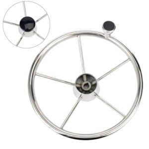 Hochwertiges Steuerrad aus Edelstahl für Pontonboot, Yacht und andere Wasserfahrzeuge mit 5 Speichen Ø 343 mm (13 1/2 Zoll) Silber mit schwarzer Kappe und Knopf der Größe M