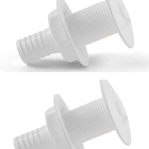 Zwei identische Borddurchlässe aus weißem Kunststoff in zylindrischer Form, geeignet für Boote, mit Gewinde und flacher Basis für sichere Verbindung.