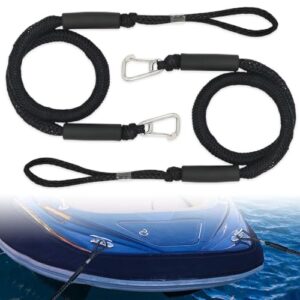 Zwei schwarze Bungee Dock Lines mit Karabinerhaken für Boots- und Wassersportzubehör, ideal für sicheres Anlegen von Booten, Kajaks und Jetskis.