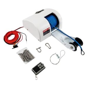 DCSYOG 12V elektrische Ankerwinde für Boote mit 20kg Tragfähigkeit, drahtloser Fernbedienung und 30 Meter Ankerseil, ideal für sicheren Einsatz im Marinebereich.