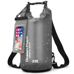 Wasserdichte Dry Bag mit Handy-Schutzbeutel und Trageriemen in Schwarz, ideal für Outdoor-Aktivitäten, Camping und Wassersport, Größe 20L.