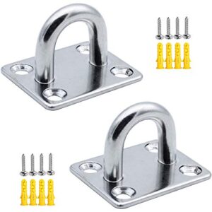 Zwei robuste M8 Edelstahl 304 Augplatten Deckenhaken auf einer rechteckigen Grundplatte, ideal für das Aufhängen von schweren Gegenständen wie Schaukeln, Boxsäcken und Yogatrainingsgurten.