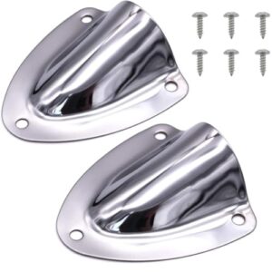 Zwei Edelstahl Marine Entlüftungsabdeckungen mit Schrauben in glänzender Ausführung, ideal für Boote und Yachten, zur Abdeckung von Kabeln und Schläuchen.