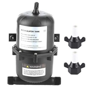 Ejoyous Akkumulatortank für Wasserversorgungssysteme, schwarze zylinderförmige Bauweise aus robustem Kunststoff, ausgestattet mit Halterungen zur Befestigung und Anschlussstücken für Rohrverbindungen.