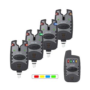 Hirisi Tackle Funk-Angel-Bissanzeiger-Set mit vier Bissanzeigern und Empfänger in ergonomischem Design für Karpfenangeln.