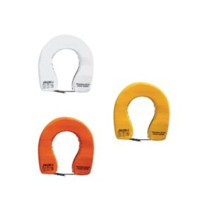 Hufeisen Rettungsring in strahlendem Orange, ideal für Sicherheit bei Wasseraktivitäten, mit kompakten Abmessungen und robuster Qualität.