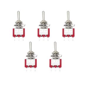Fünf JZK Mini Momentary Kippschalter mit metallischer Wippe und rotem Unterteil, ideal für Elektroanwendungen und einfache Steuerung.