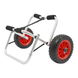 Robuster Kajakwagen aus Aluminium für den Transport von Kajaks und SUPs mit einer Tragkraft von 80 kg, ausgestattet mit großen PU-Rädern für verschiedene Untergründe.