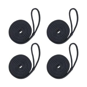 Set aus vier robusten schwarzen Fenderleinen mit Auge, die ordentlich gewickelt sind, ideal für die sichere Befestigung an Booten, Schiffen und Yachten.
