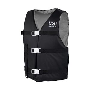 Schwarze Mesle Schwimmweste für Erwachsene, geeignet für Wassersportarten wie SUP, Kanu, Wakeboard und Wasserski, mit verstellbaren Gurten und 50N Auftrieb.