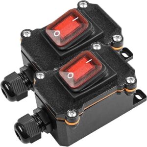 Wasserdichte Inline-Kabelbox mit DPST-Wippschaltern, 2-Wege-Anschlussdose und PG9-Kabelverschraubung in roter Ausführung für sicheren elektrischen Anschluss.