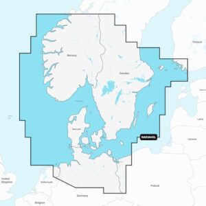 Navionics Karte für Skagerrak und Kattegat, detaillierte topografische Darstellung mit buntem Design, ideal für Segler und Wassersportler, Produktnummer NN-849.