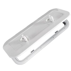 Weiße Inspektionsluke aus UV-beständigem Kunststoff mit rutschfestem Design, ideal für Boote und Yachten, Maße 600 x 250 mm.