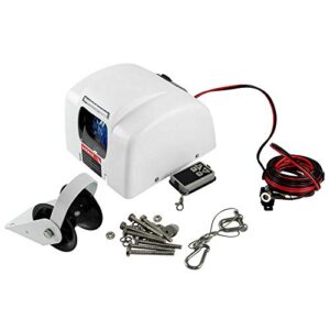 OUKANING Elektrische Ankerwinde 12V mit Funkfernbedienung für Boote, ideal für Anker bis 45 lbs, zeigt das kompakte Gehäuse, Trommel und Zubehörteile für einfache Installation.