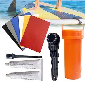 Schlauchboot Reparaturset mit PVC Patches, Kleber und Ventilschlüssel, ideal für die Reparatur von aufblasbaren Wasserfahrzeugen.