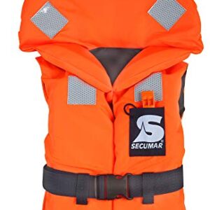 Secumar Rettungsweste Bravo für Kinder (10-15 kg) mit 100 N Auftrieb, orange/blau mit reflektierenden Streifen und Kopfstütze für zusätzliche Sicherheit im Wasser.