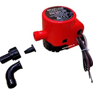 SPX FLOW Johnson Pump ULTIMA BILGE 800 GPH 12V automatische Lenzpumpe mit Schalter, ideal für Boote und Yachten, zeigt eine kompakte, rote Pumpe mit Zubehörteilen.