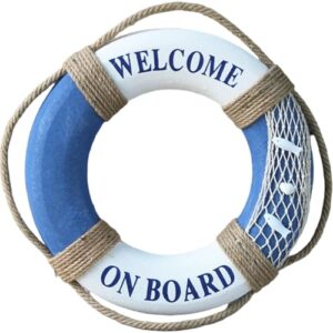 SunaOmni Rettungsring im mediterranen Stil mit Umrandungsseil, 16 Zoll, ideal für Schwimmbecken und Küsten, weiß-blauer Schwimmring mit Einladungstext