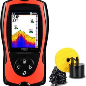Tragbarer Fischfinder mit Farbmonitor für Angeln, zeigt Unterwasserbedingungen, Fische und Wassertemperatur an.