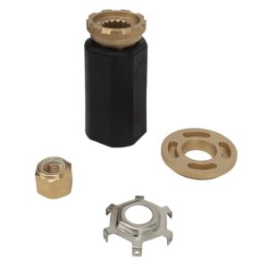 Uadme Flo-Torq II Naben-Kit aus hochfestem Kupfer für MerCruiser Alpha und Bravo One Z-Antriebe, geeignet für Motoren mit 120 bis 375 PS, zeigt mehrere technische Komponenten zur Verbindung und Befestigung.