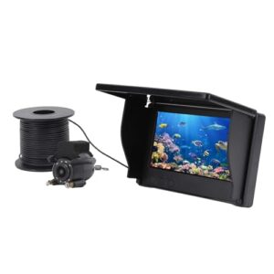 Unterwasser-Angelkamera mit 1080P HD-Video und 4,3 Zoll Display, ideal für den Einsatz beim Eisfischen und Angeln, abgebildet mit bunten Fischen im Wasser.