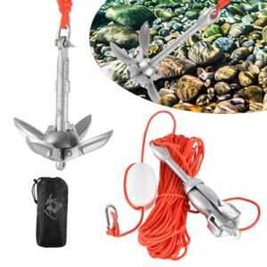 Ansobea 0,7kg verzinkter Faltanker mit 10m Ankerleine, PP-Boje und Karabinerhaken für Kajaks, Kanus und kleine Boote.