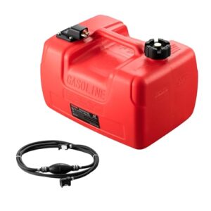 VEVOR Marine-Kraftstofftank, 12 Liter, tragbarer Kunststofftank für Außenbordmotoren in rot, ausgestattet mit Schlauch und ergonomischem Griff für einfachen Transport auf Booten.