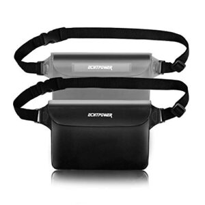 Zwei wasserdichte Umhängetaschen in transparentem und schwarzem Design, ideal für Outdoor-Aktivitäten wie Schwimmen, Kajakfahren und Wandern. Die Taschen bieten Schutz für Handy, Geld und Schlüssel.