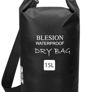 Wasserdichte Dry Bag in Schwarz mit 15 Litern Volumen, ideal für Outdoor-Aktivitäten wie Kajakfahren und Wandern, aus strapazierfähigem 500D Tarpaulin gefertigt
