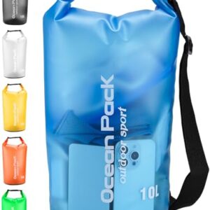 Wasserdichter Packsack in hellblauer Farbe mit robustem Verschluss, 10L Volumen, ideal für Outdoor-Aktivitäten, Schwimmen und Reisen.