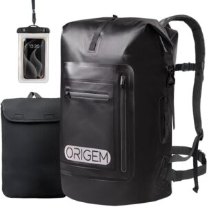 Schwarzer wasserdichter Rucksack mit minimalistischen Design und zusätzlichen Taschen, ideal für Kajakfahren, Angeln und den täglichen Gebrauch.