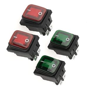 4-teiliges Set von wasserdichten 4-Pin Wippschaltern mit roten und grünen Abdeckungen, ideal für verschiedene elektrische Anwendungen, IP67 staubdicht und langlebig.
