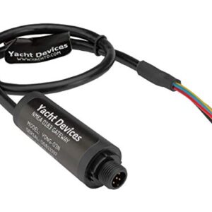 Yacht Devices YDNG-03 bidirektionaler NMEA 0183 Übersetzer mit mattschwarzem Gehäuse und mehreren farbigen Kabeln für die Integration in NMEA 2000 oder Seatalk NG Systeme.