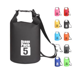 MORAINJAY 5L Wasserdichter Beutel, Schwarz Dry Bag mit Verstellbarem Gurt und Schutz für Telefon und Karte, ideal für Schwimmen, Rafting und Bootfahren